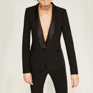 Zara Wool Blend Black Satin Lined Tuxedo Jacket Blazer